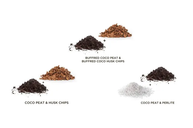 Blends: coco peat with husk chips, buffered peat with buffered chips, and peat with perlite