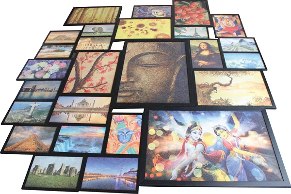 A spread of framed coir prints