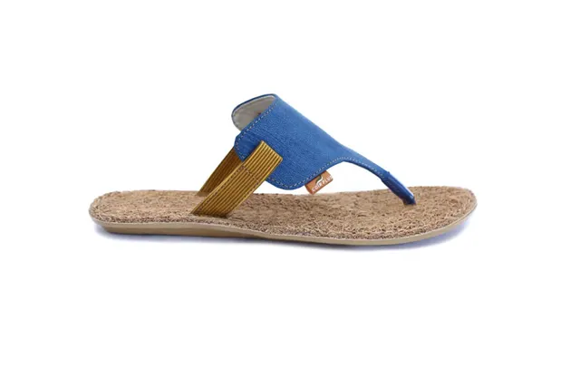 Flip-flop with a coir footbed and a blue and mustard upper