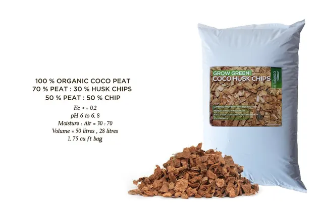 50 litre Grow Green coco husk chips bag with its blends and properties