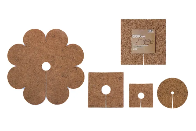Coir mulch mats in flower and square shapes with a retail card
