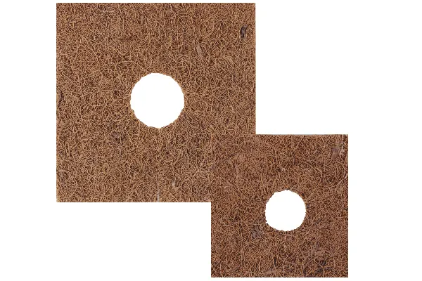 Square coir mulch mats with a centre hole